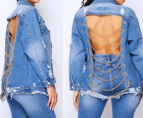 Women Fashion Backless Button Up Denim Jacket