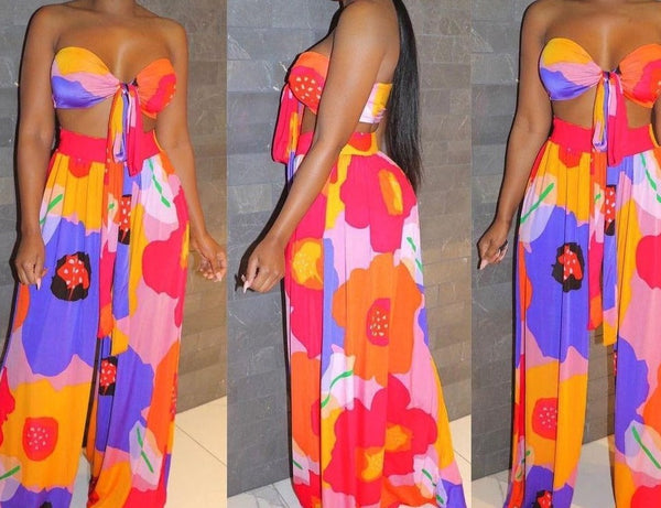 Women Sexy Colorful Strapless Two Piece Wide Leg Pant Set