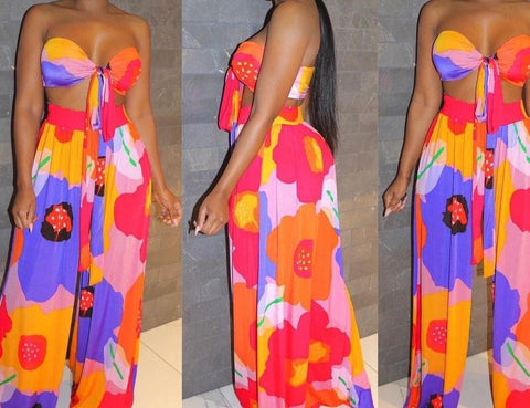 Women Sexy Colorful Strapless Two Piece Wide Leg Pant Set