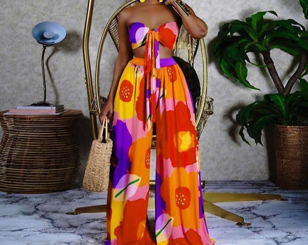 Women Sexy Colorful Strapless Two Piece Wide Leg Pant Set