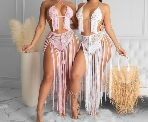 Women Sexy Knitted Tassel Bikini Cover Up Set