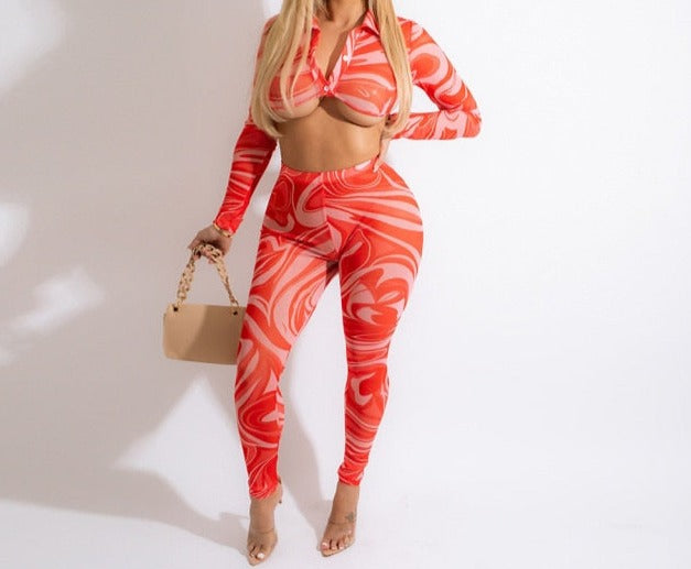 Women Printed Mesh Full Sleeve Crop Fashion Two Piece Pant Set