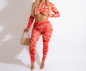 Women Printed Mesh Full Sleeve Crop Fashion Two Piece Pant Set