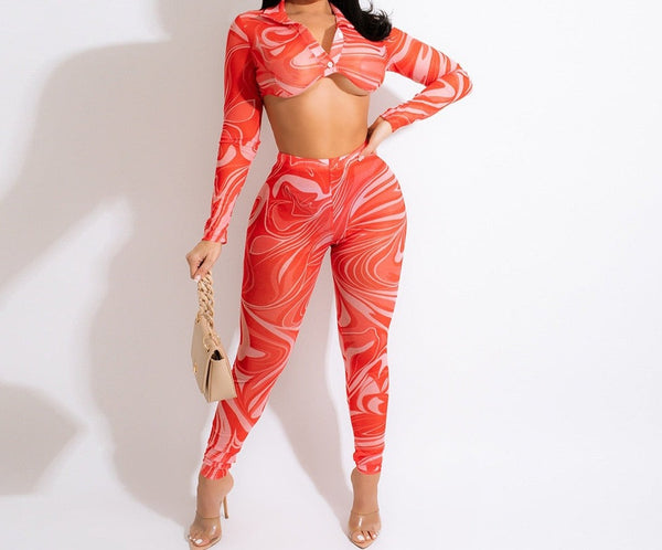 Women Printed Mesh Full Sleeve Crop Fashion Two Piece Pant Set