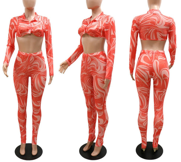 Women Printed Mesh Full Sleeve Crop Fashion Two Piece Pant Set