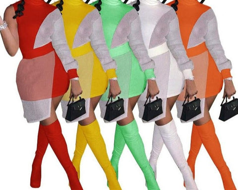 Women Fashion One Shoulder Long Sleeve Color Patchwork Dress
