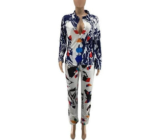 Women Printed Button Up Fashion Two Piece Pant Set