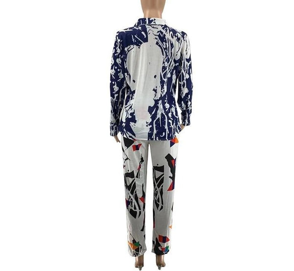 Women Printed Button Up Fashion Two Piece Pant Set