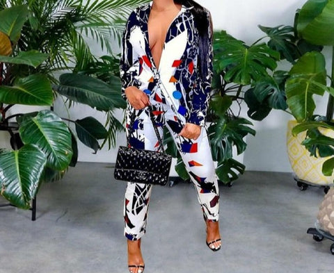 Women Printed Button Up Fashion Two Piece Pant Set