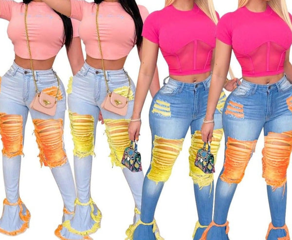 Women Fashion Color Ripped Flare Denim Pants