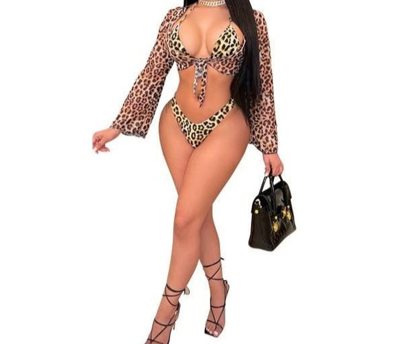 Women Sexy Three Piece Printed Bikini Cover Up Set