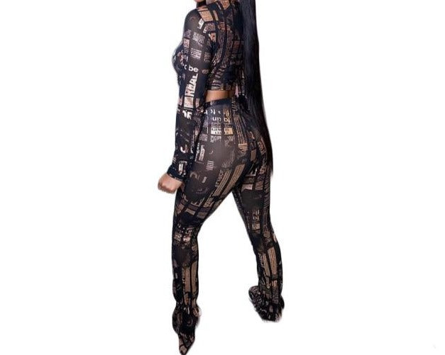 Women Printed Two Piece Sexy Cut Out Full Sleeve Pant Set