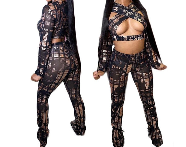 Women Printed Two Piece Sexy Cut Out Full Sleeve Pant Set