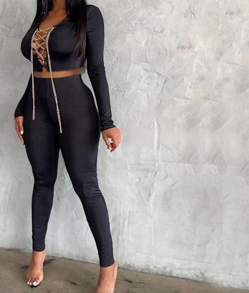 Women Sexy Black Two Piece Chain Lace Up Pant Set