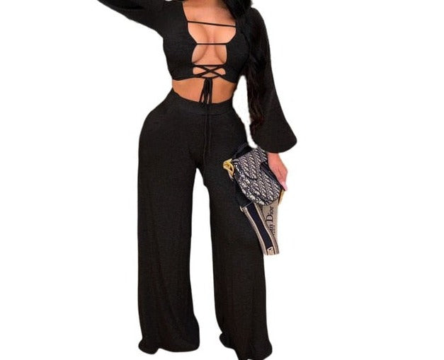Women Sexy Long Sleeve Cut Out Lace Up Two Piece Pant Set