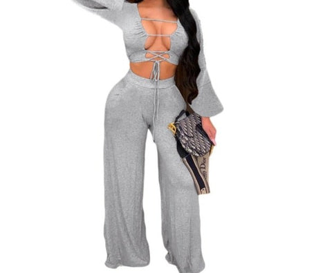 Women Sexy Long Sleeve Cut Out Lace Up Two Piece Pant Set