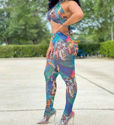 Women Sexy Mesh Halter Colorful Print Two Piece Pant Set