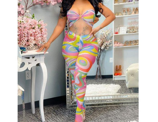Women Sexy Mesh Halter Colorful Print Two Piece Pant Set