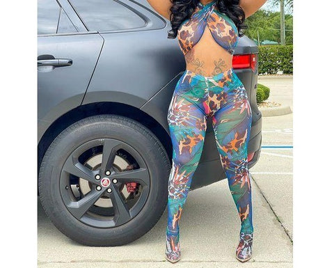 Women Sexy Mesh Halter Colorful Print Two Piece Pant Set