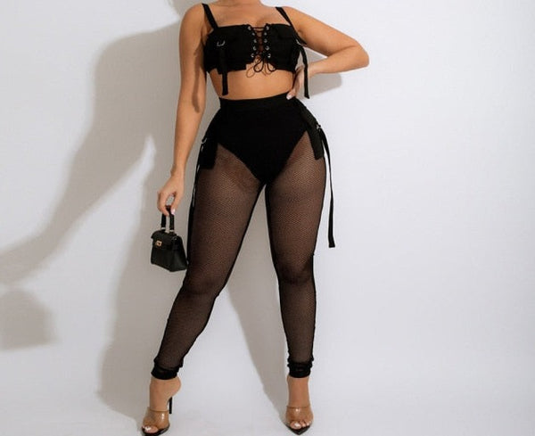 Women Sexy Sleeveless Lace Up Crop Two Piece Mesh Pant Set