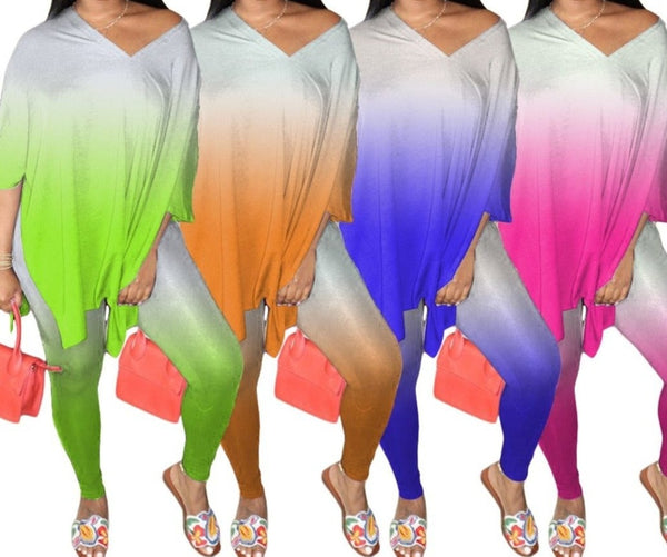 Women Fashion Two Piece Gradient Short Sleeve Pant Set