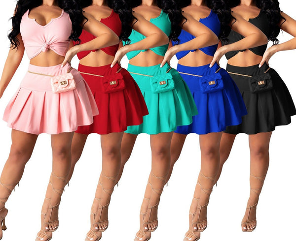 Women Two Piece Fashion Sleeveless Pleated Skirt Set
