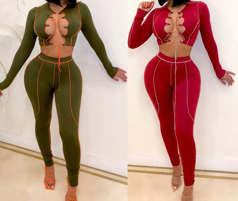 Women Sexy Color Hem Long Sleeve Lace Up Two Piece Pant Set