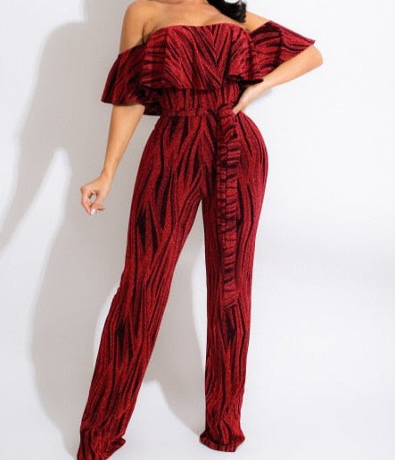 Women Striped Ruffle Off The Shoulder Fashion Jumpsuit