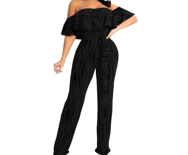 Women Striped Ruffle Off The Shoulder Fashion Jumpsuit