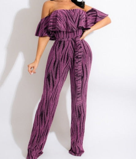 Women Striped Ruffle Off The Shoulder Fashion Jumpsuit