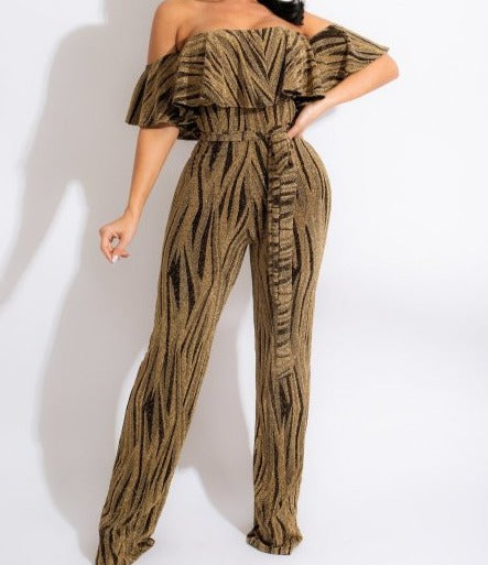 Women Striped Ruffle Off The Shoulder Fashion Jumpsuit