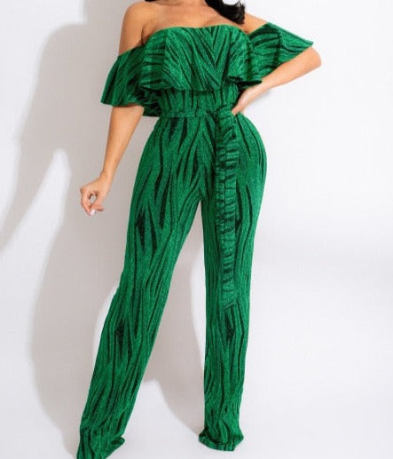 Women Striped Ruffle Off The Shoulder Fashion Jumpsuit