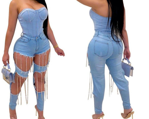 Women Sexy Vintage Ripped Tassel Denim Pants