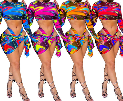 Women Sexy Colorful Tie Dye Tie Up Bikini Cover Up Set
