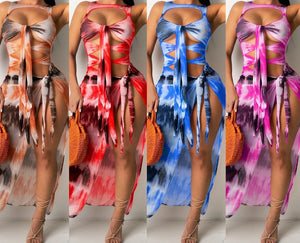 Women Tie Dye Sexy Cut Out Side Split Tie Up Sleeveless Dress