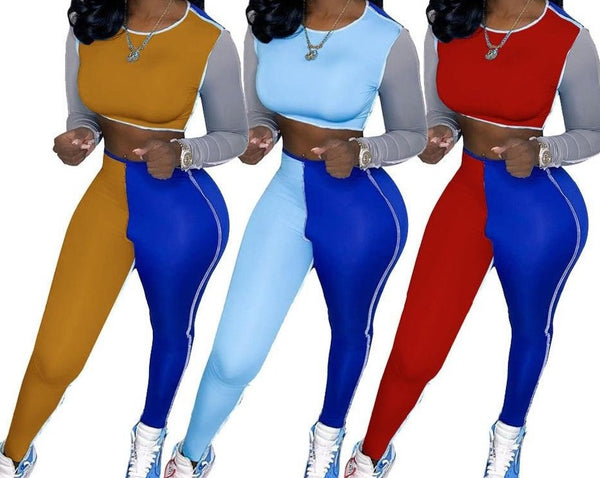 Women Two Piece Fashion Color Patchwork Pant Set