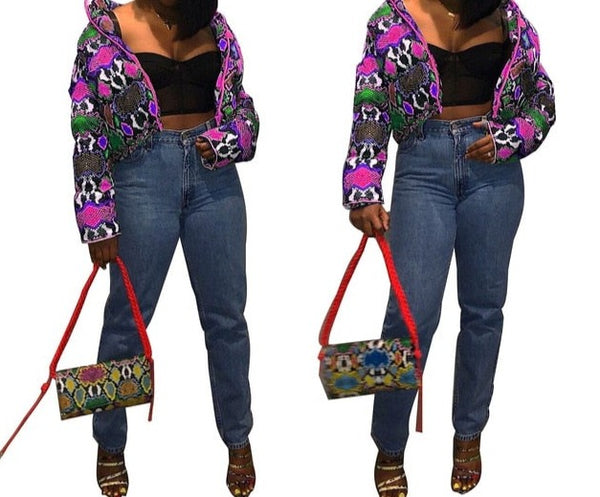 Women Colorful Geometric Print Fashion Bubble Jacket
