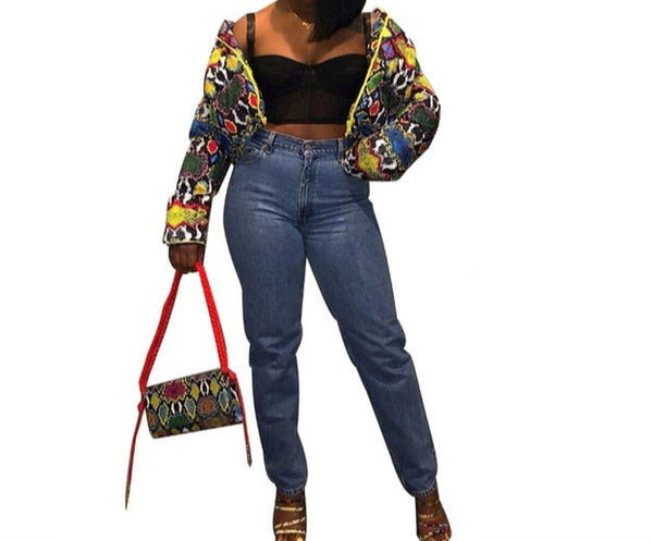 Women Colorful Geometric Print Fashion Bubble Jacket