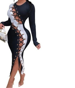 Women Sexy Long Sleeve Color Patchwork Lace Up Dress