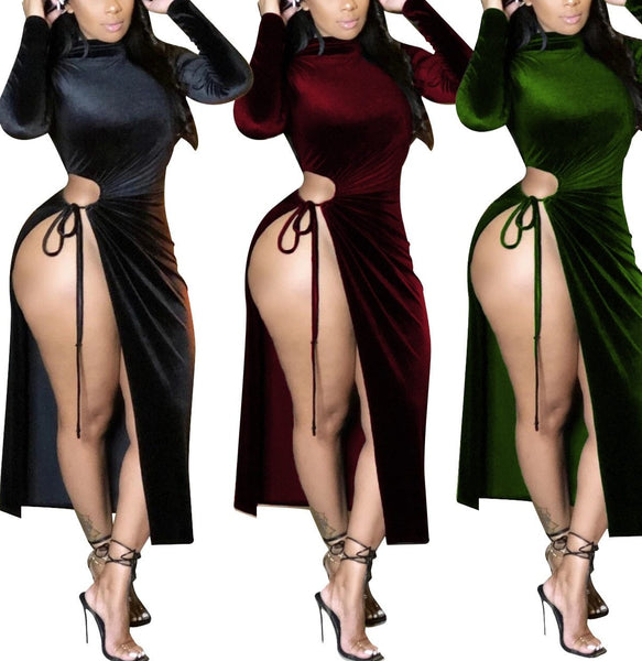 Women Velour Sexy High Side Split Long Sleeve Dress