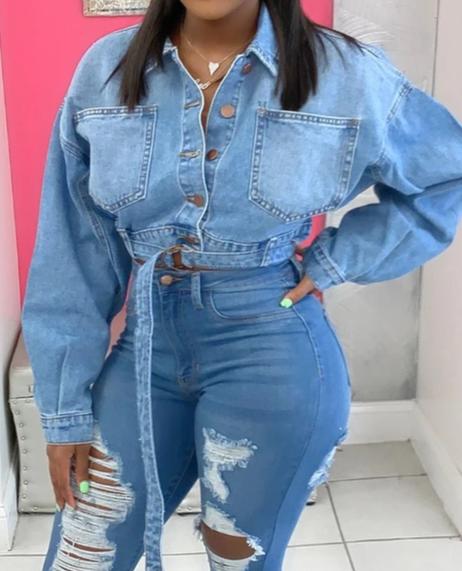 Women Fashion Button Up Belted Crop Denim Jacket