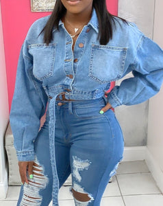 Women Fashion Button Up Belted Crop Denim Jacket