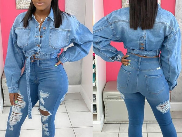 Women Fashion Button Up Belted Crop Denim Jacket