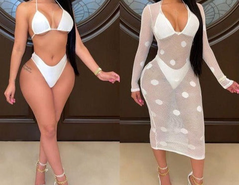 Women Sexy Solid Color Fashion Mesh Bikini Cover Up Set