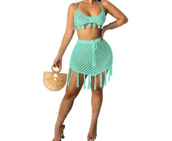 Women Knitted Two Piece Tassel Crop Skirt Set Beachwear