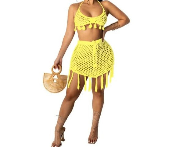 Women Knitted Two Piece Tassel Crop Skirt Set Beachwear