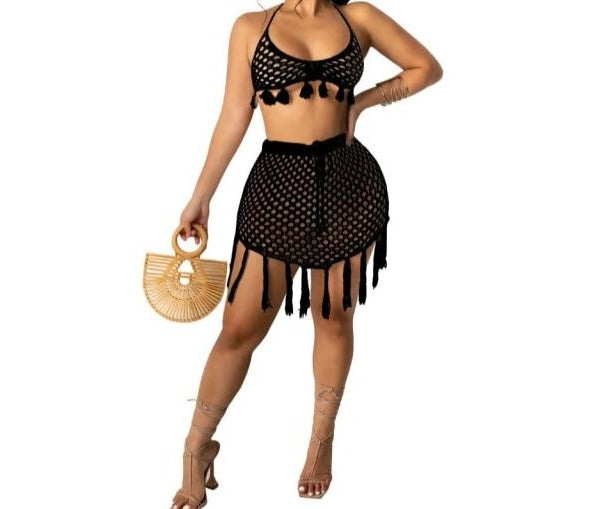 Women Knitted Two Piece Tassel Crop Skirt Set Beachwear