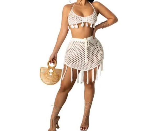 Women Knitted Two Piece Tassel Crop Skirt Set Beachwear