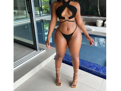 Women Sexy Fashion Solid Color Halter Lace Up Bikini