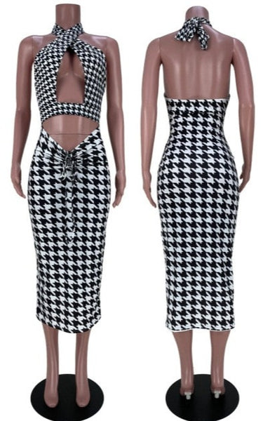 Women Sexy Halter Black/White Printed Cut Out Dress